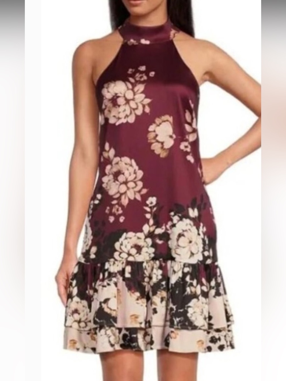 Badgley Mischka Wine  Floral High-Neck Dress                     Originally $239